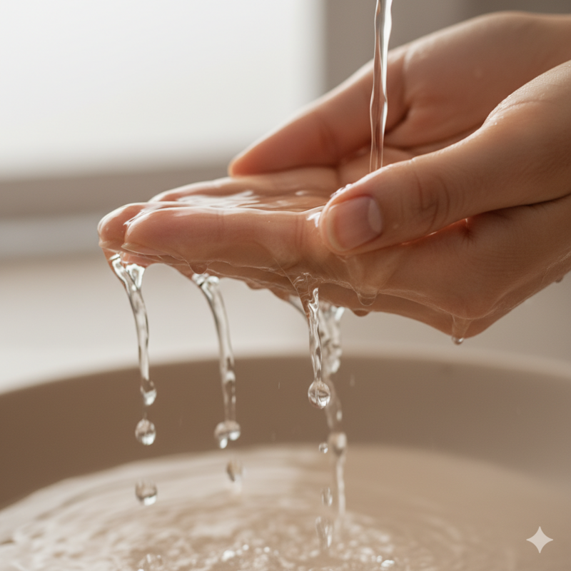 Retira con abundante agua, seca la piel con suavidad, sin frotar. La piel queda limpia y preparada.